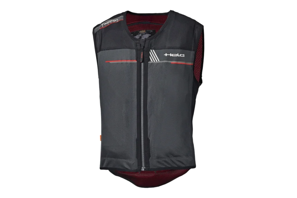 Held eVest 2 black In&motion motorcycle airbag vest with front zipper and red chest accents