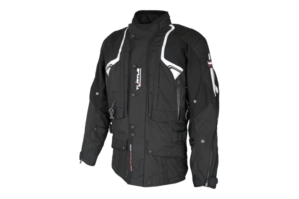Helite Touring black integrated motorcycle airbag jacket with reflective panels and tether connection