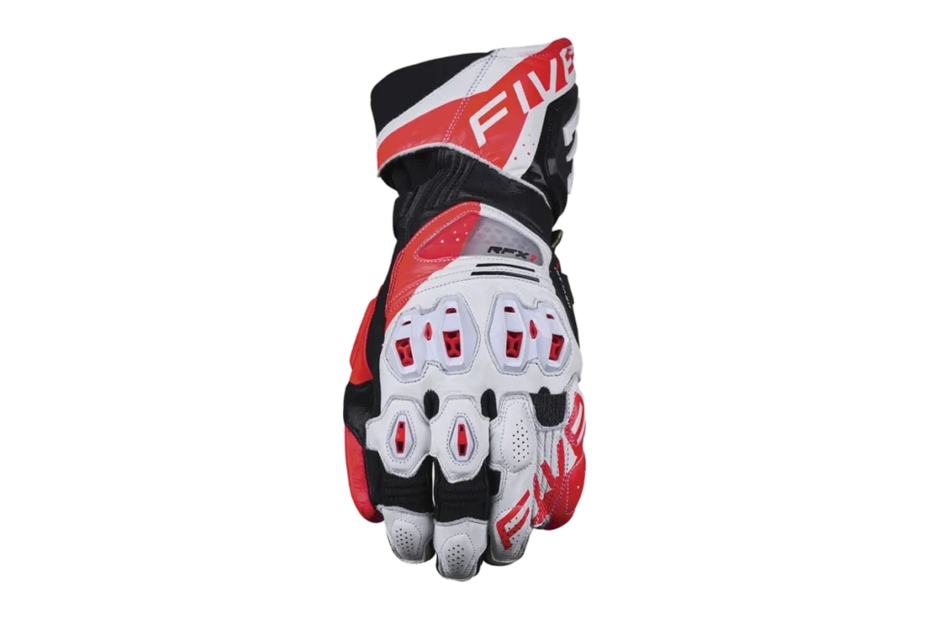 Five RFX1 EVO racing motorcycle glove in white and neon red with long cuff and protective knuckle sliders