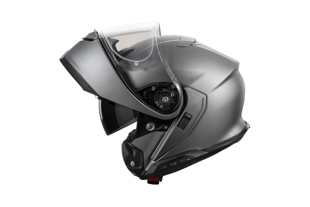 Silver Shoei Neotec 3 modular motorcycle helmet with flip-up chin bar raised
