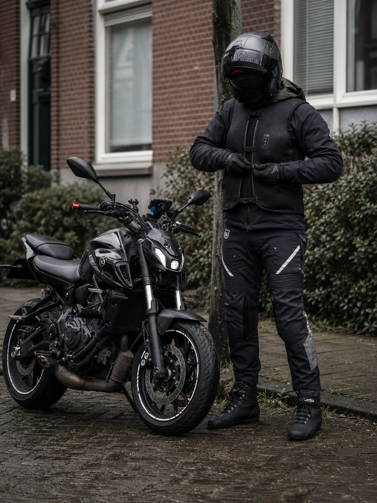 Rider fastening a black motorcycle airbag vest beside a black Yamaha MT-07, before a ride