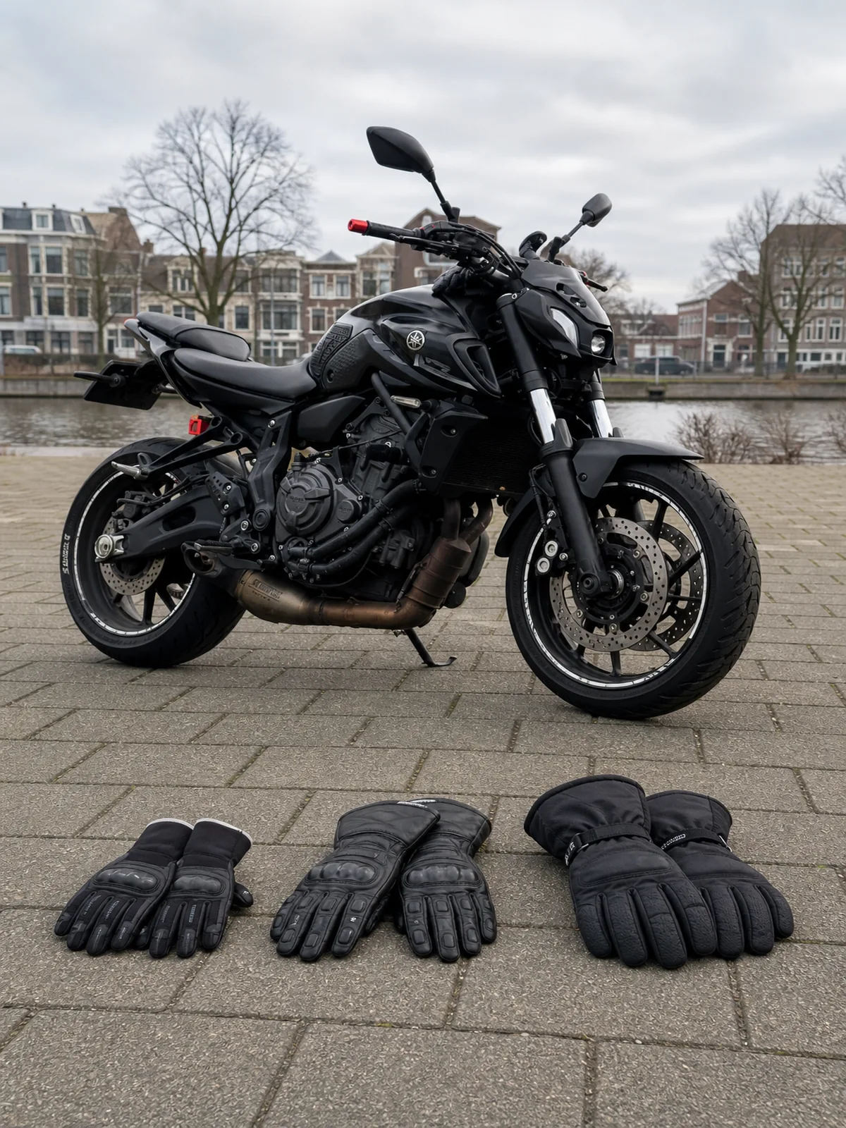 Summer, gauntlet and waterproof motorcycle gloves arranged beside a parked black motorcycle