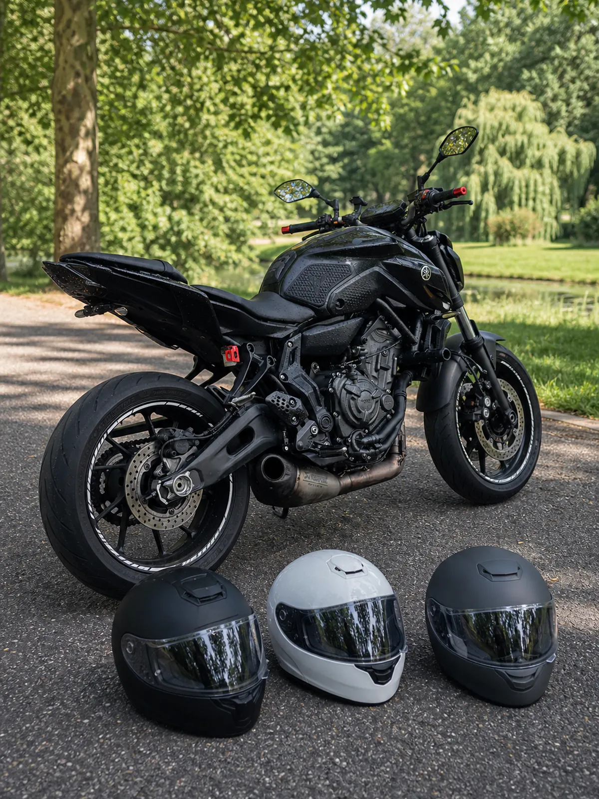 Three full-face motorcycle helmets arranged beside a black Yamaha MT-07 near a green park on a summer day