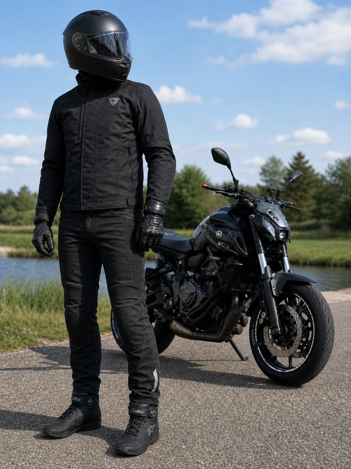 Rider wearing protective jeans standing beside black motorcycle on a sunny ride day