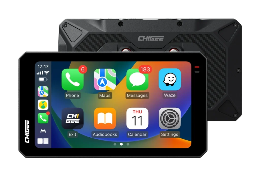 CHIGEE AIO-6 Max smart riding display with rugged rear housing and bright CarPlay navigation screen