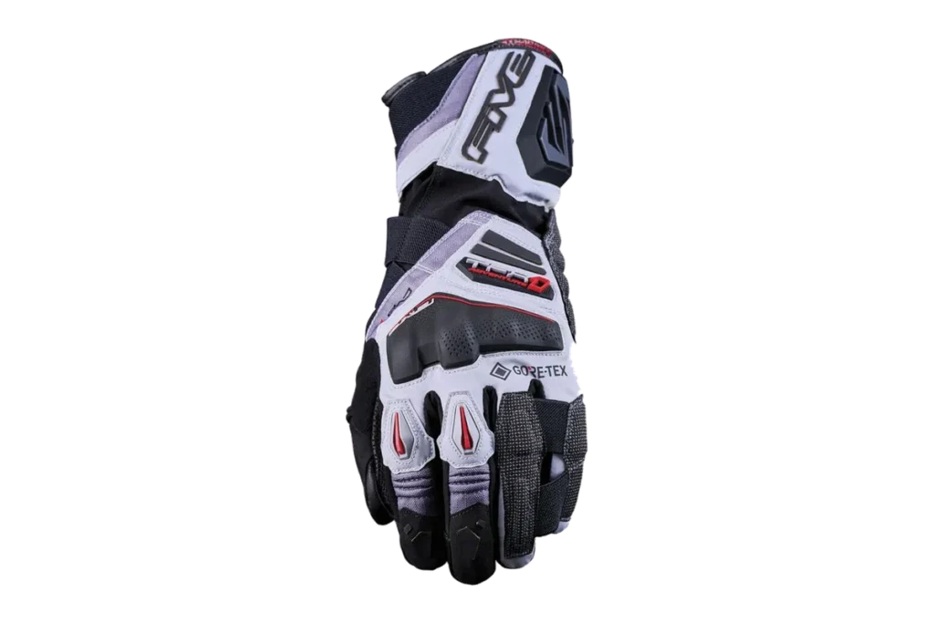 Five TFX1 GTX adventure motorcycle glove in grey and red with long waterproof cuff and protective knuckle shell