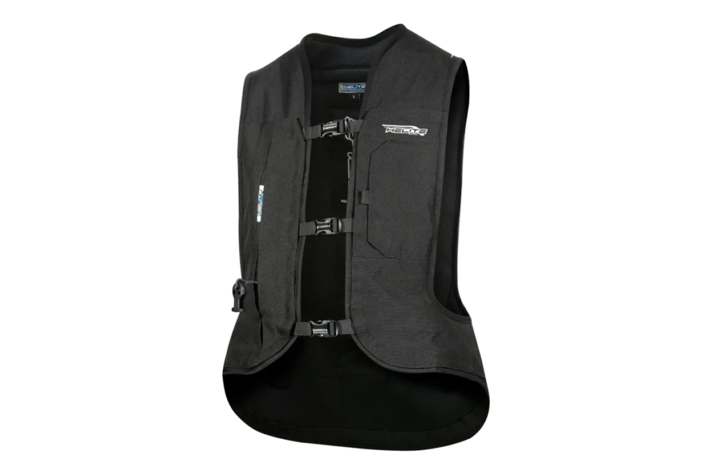 Helite Turtle 2 black tethered motorcycle airbag vest with front buckles and lanyard connector