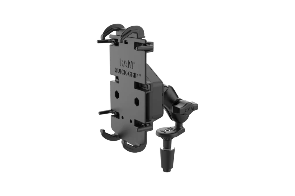 RAM Quick-Grip XL motorcycle phone holder with Vibe-Safe vibration adapter, short socket arm, and fork stem base