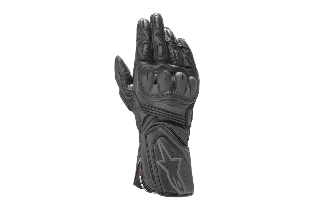 Black Alpinestars SP-8 V3 leather motorcycle glove with long cuff and dual-density knuckle protection