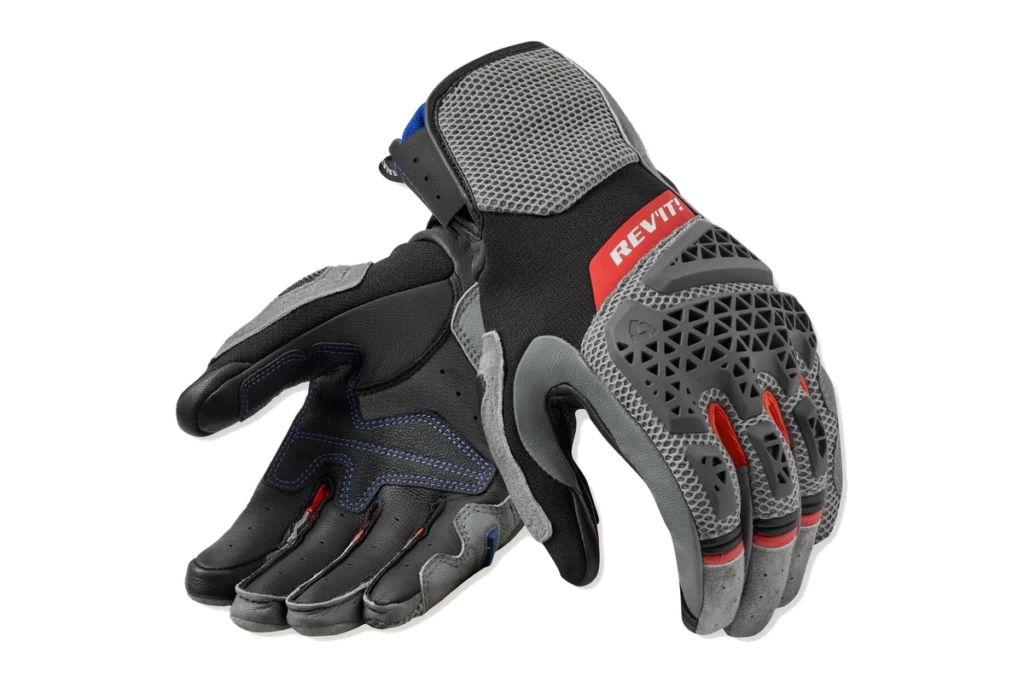 REVIT Sand 5 grey and red ventilated adventure motorcycle glove with short cuff and TPR knuckle protector