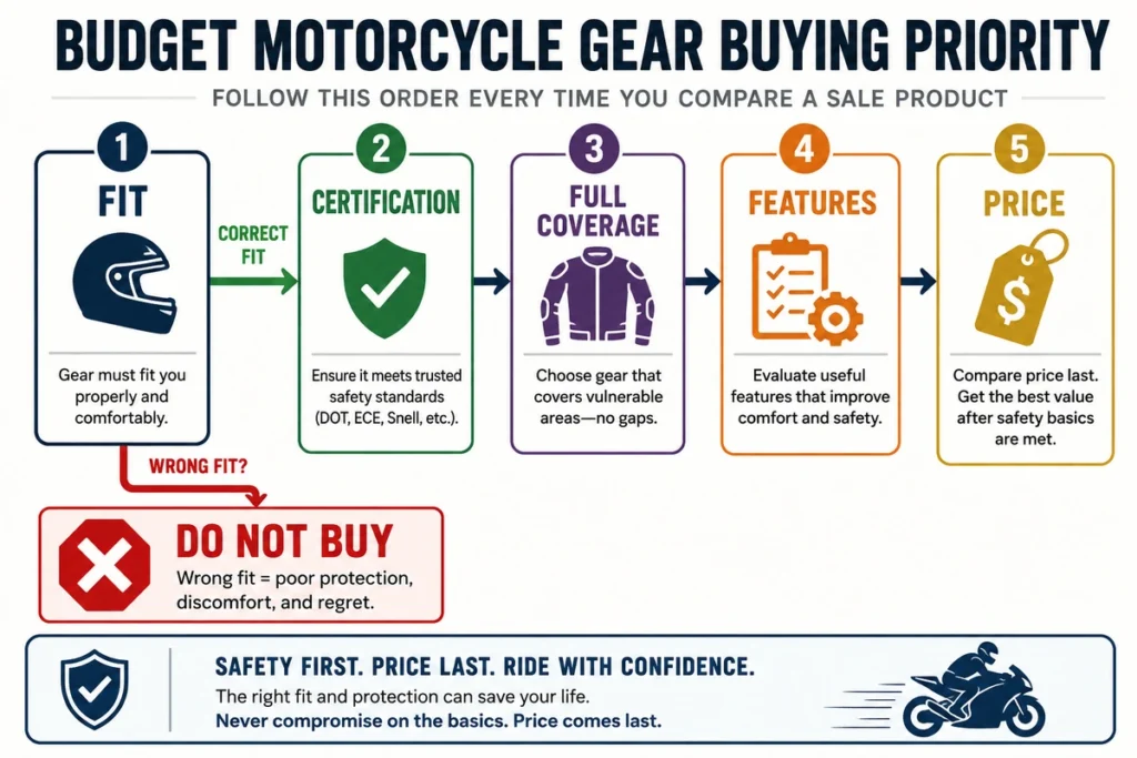Diagram showing fit and certification before motorcycle gear price