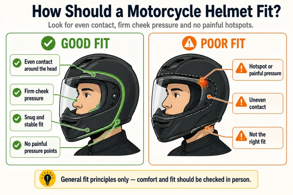 Diagram showing even motorcycle helmet fit and an incorrect pressure point