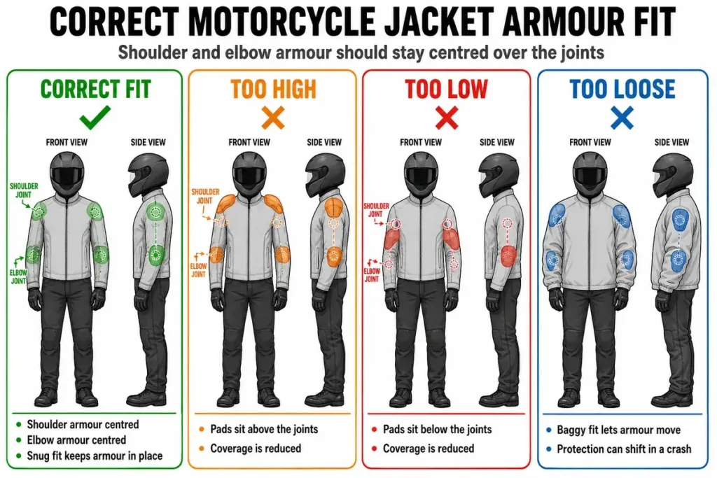 Diagram showing correct shoulder and elbow armour placement in a motorcycle jacket