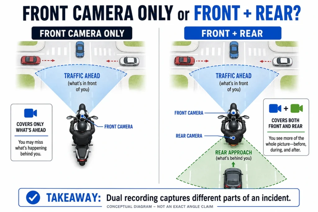 Diagram showing front and rear fields of view from a motorcycle dash cam