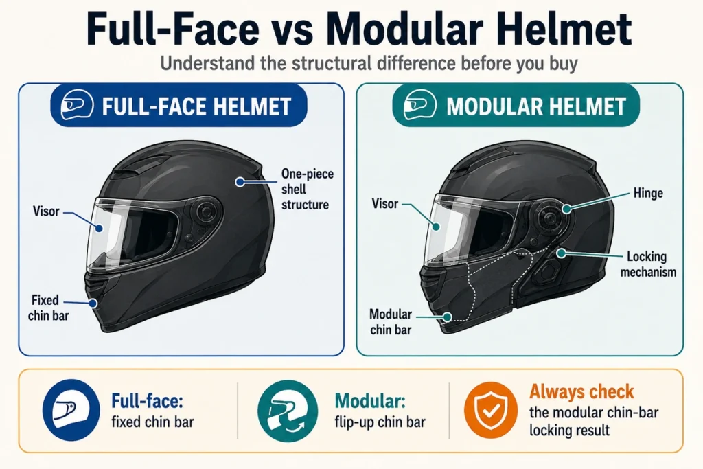 Diagram comparing full-face and modular motorcycle helmet construction