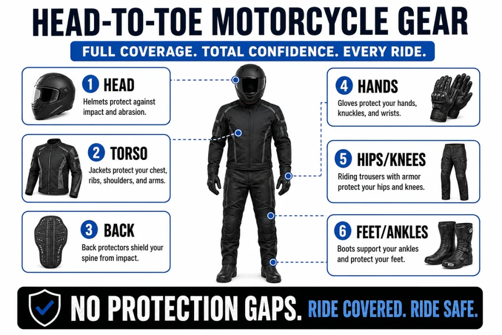 Diagram showing head-to-toe motorcycle protective gear zones