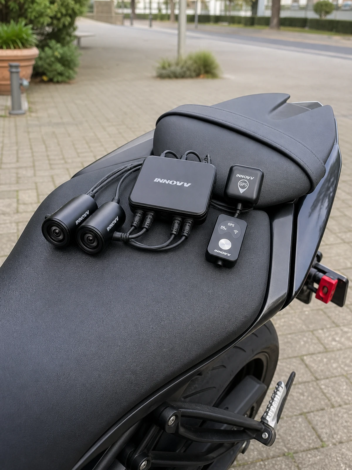 Dual motorcycle dash cam kit on the rear half of a black motorcycle seat