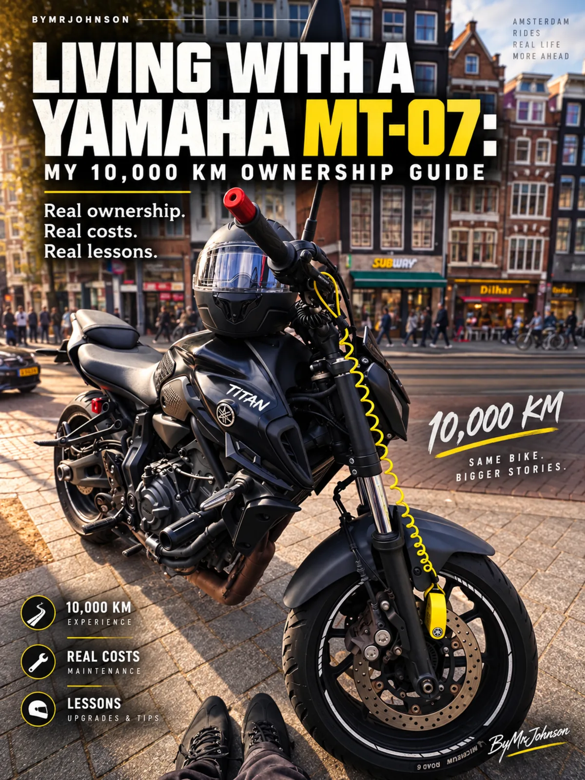 2021 Yamaha MT-07 TITAN parked on an Amsterdam street with a helmet on the bike, featured for a 10,000 km ownership guide.