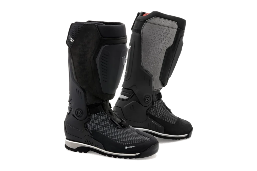REVIT Expedition GTX black and grey adventure touring motorcycle boots with BOA closure and protective shin plates