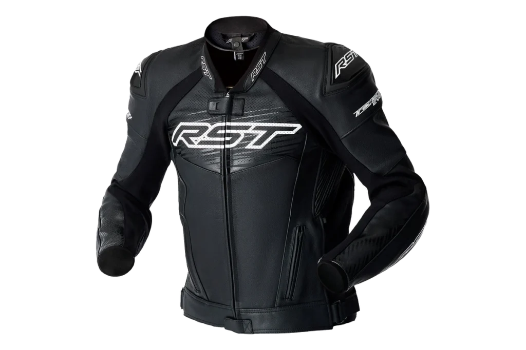 RST TracTech Evo D3O leather motorcycle jacket in black and white with race-style protective panels
