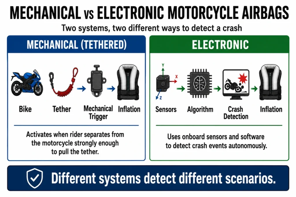 Diagram comparing tethered and electronic motorcycle airbag activation