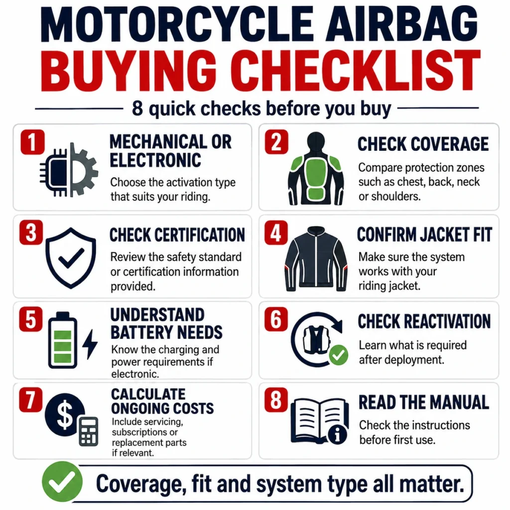 Motorcycle airbag buying checklist covering activation, coverage, fit and reactivation