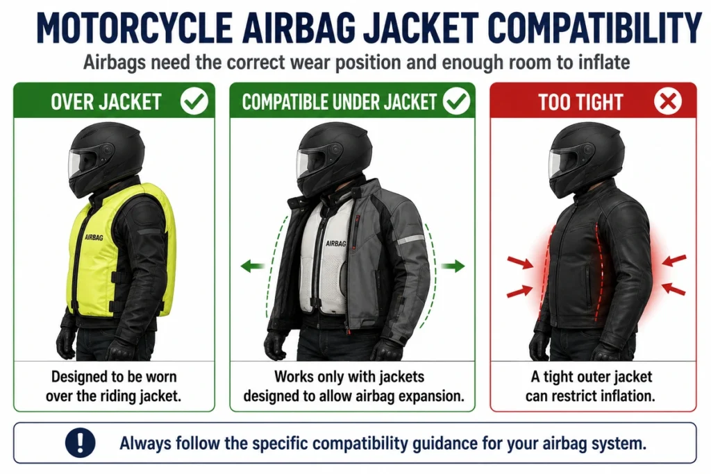 Diagram showing over-jacket and under-jacket motorcycle airbag fit
