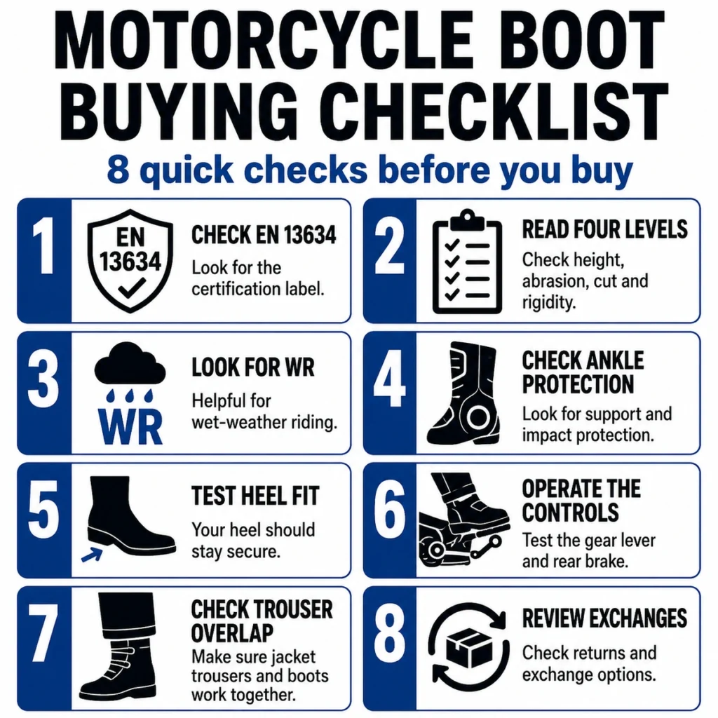 Motorcycle-boot buying checklist covering certification, fit, controls and waterproofing