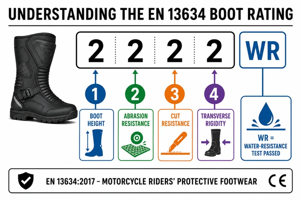 Diagram explaining the four EN 13634 motorcycle-boot ratings and WR markings
