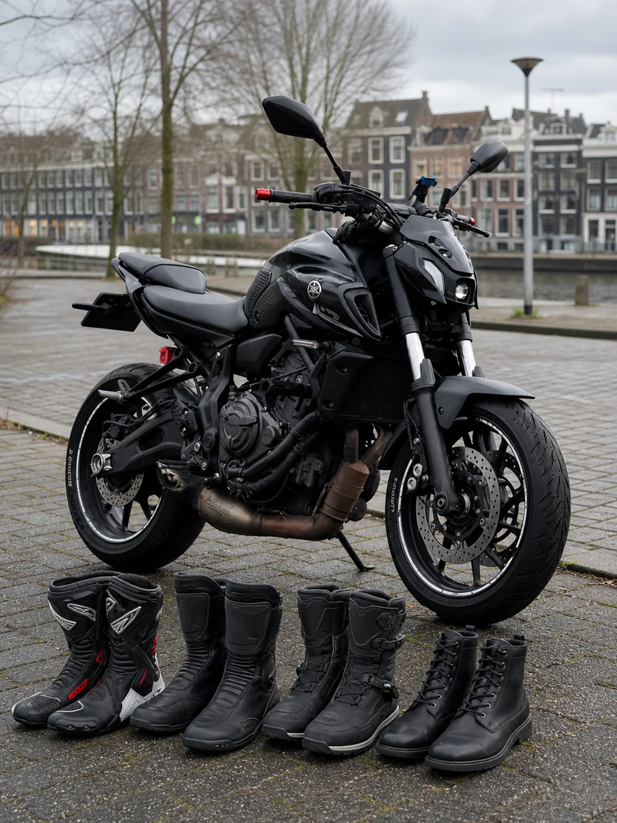Road, touring, adventure and urban motorcycle boots arranged beside a parked Yamaha MT-07 motorcycle