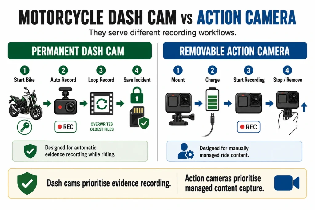 Diagram comparing a permanent motorcycle dash cam with a removable action camera