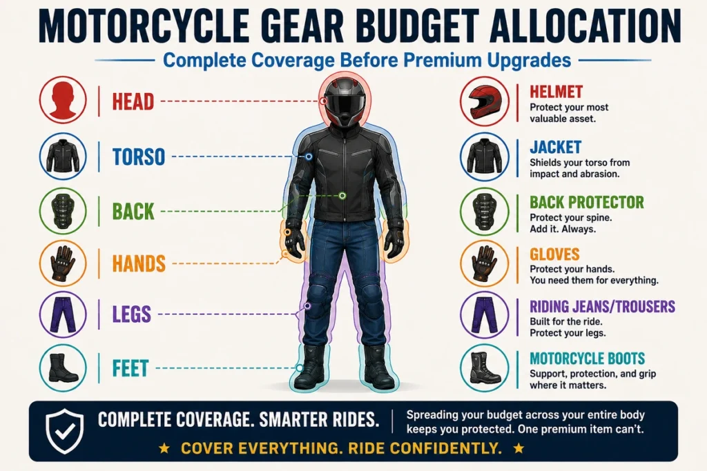 Diagram showing head-to-toe motorcycle gear budget priorities