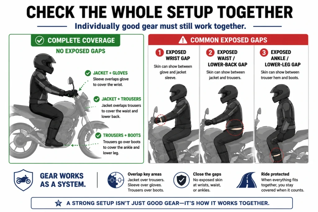 Diagram showing correct overlap between motorcycle jacket, gloves, trousers and boots
