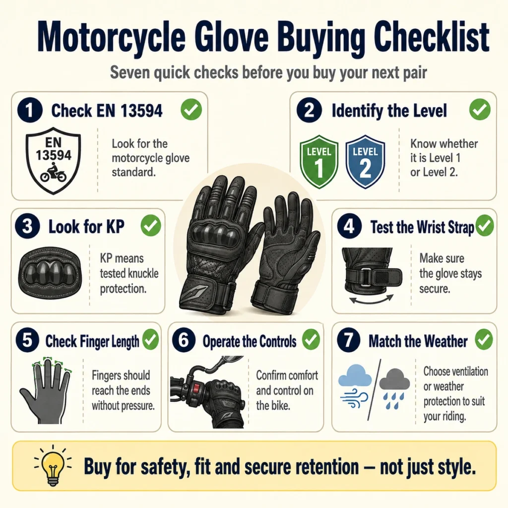 Motorcycle-glove buying checklist covering certification, fit and wrist retention