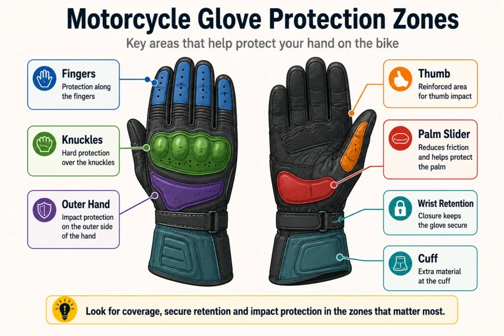 Diagram showing knuckle, palm, wrist, thumb and outer-hand protection zones