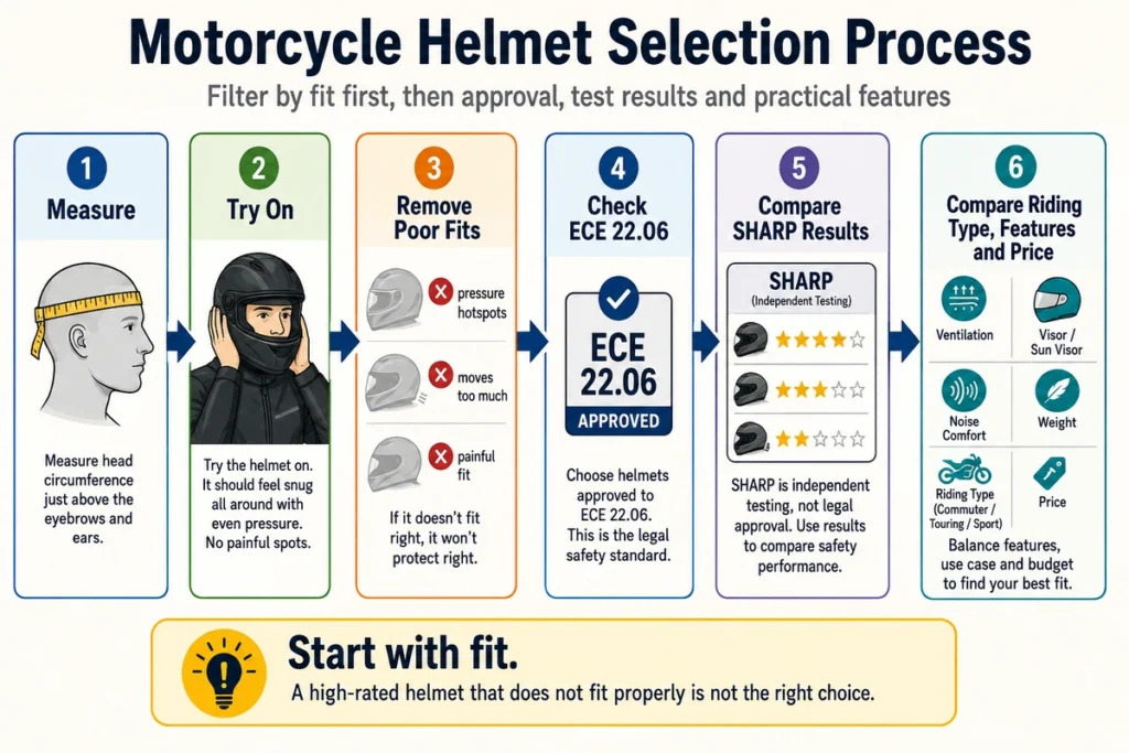 Diagram showing motorcycle helmet selection from fit to safety rating and features