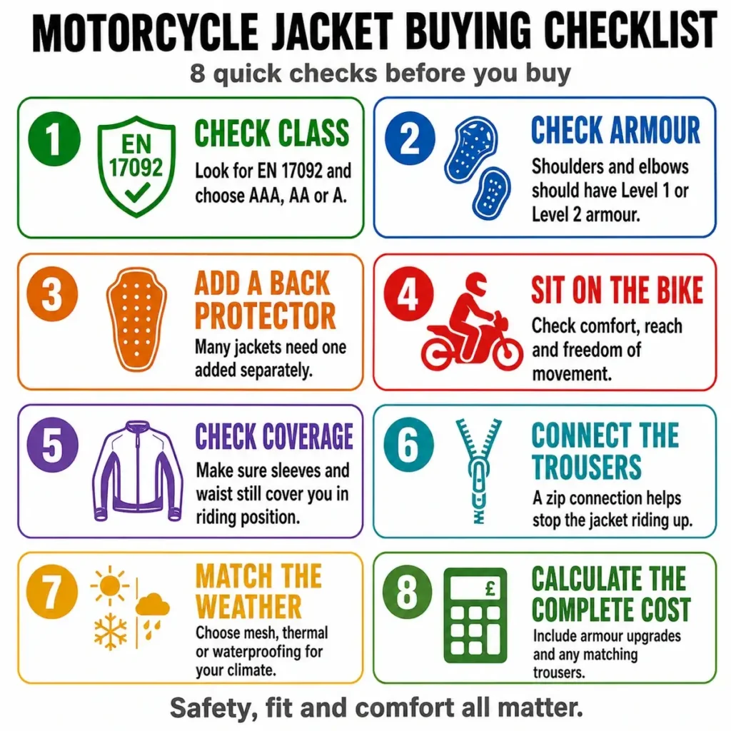 Motorcycle-jacket buying checklist covering certification, armour, fit and weather
