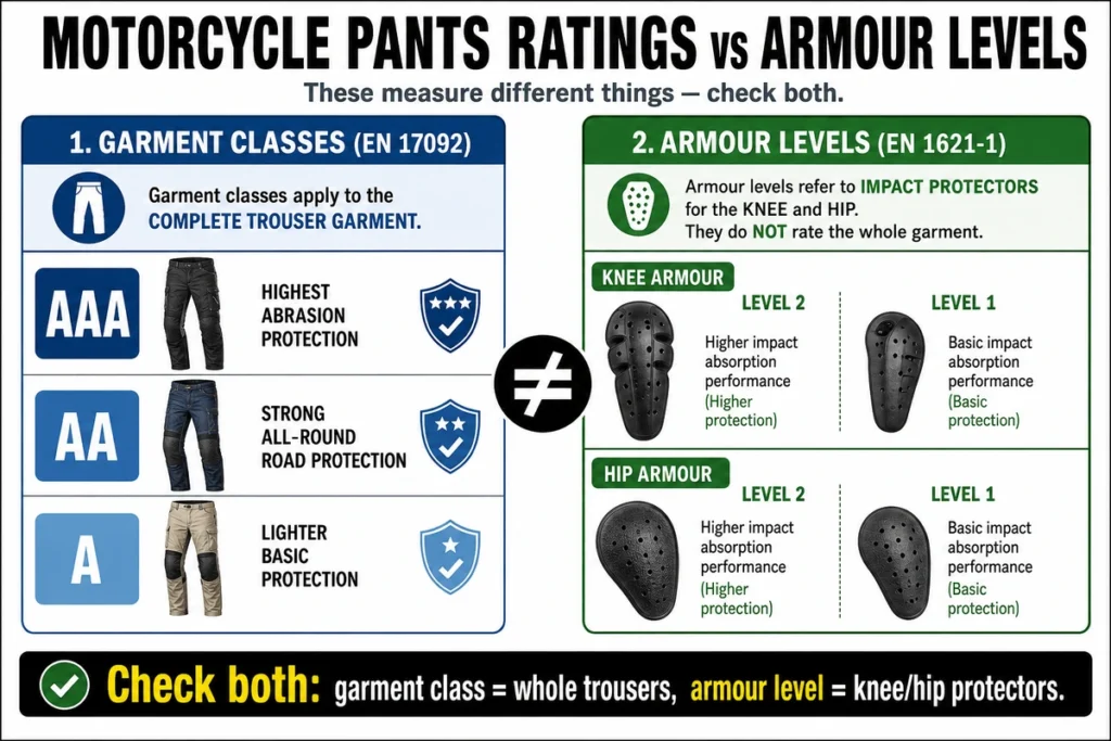 Diagram comparing motorcycle trouser garment classes with knee and hip armour levels