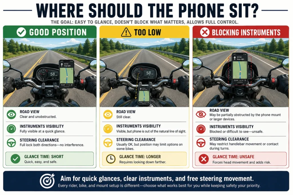 Diagram comparing good and poor motorcycle phone-mount positions
