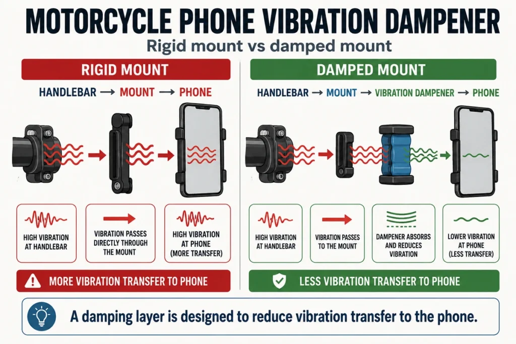 Diagram showing motorcycle vibration passing through a rigid and damped phone mount