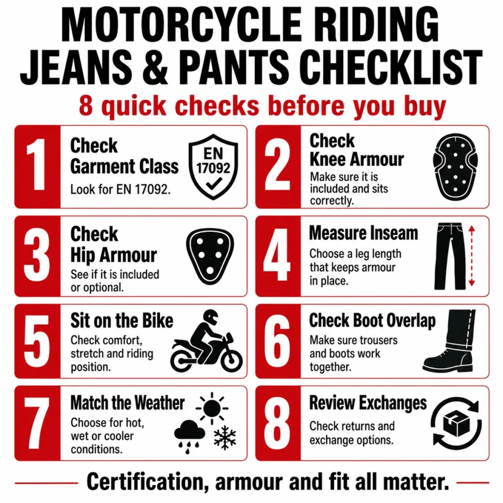 Motorcycle riding jeans checklist covering certification, armour, fit and boot overlap