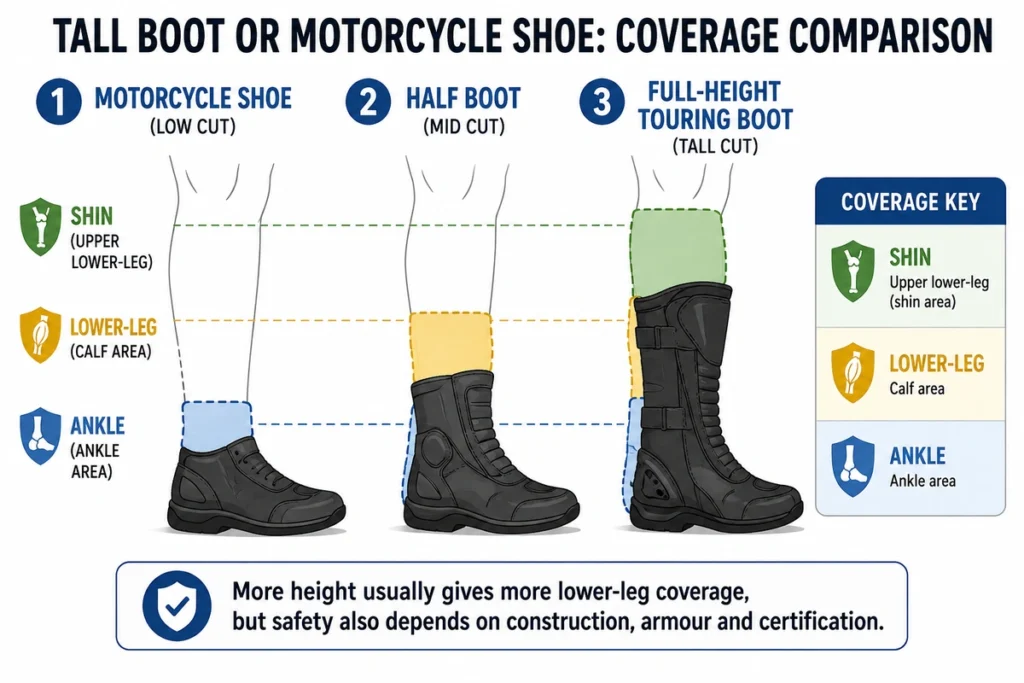 Diagram comparing coverage from a motorcycle shoe, half boot and touring boot