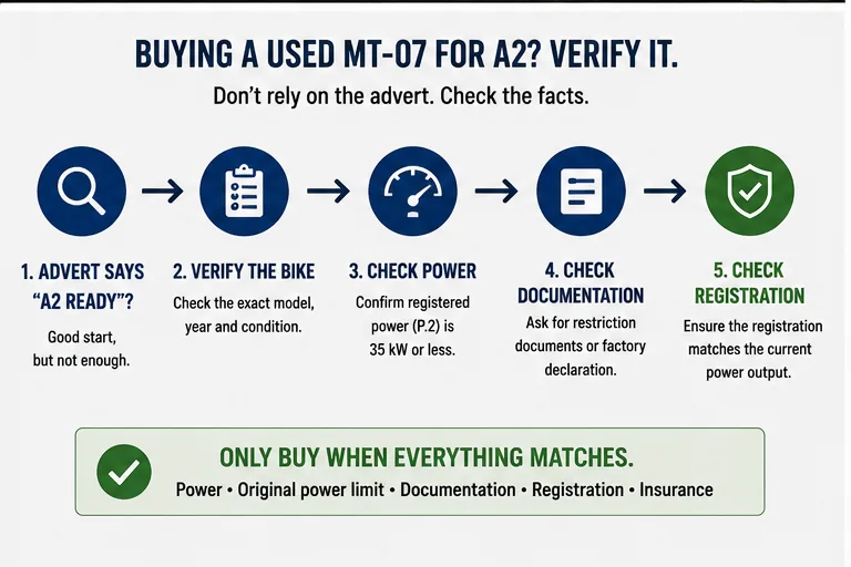 Steps for verifying a used Yamaha MT-07 is A2 compliant