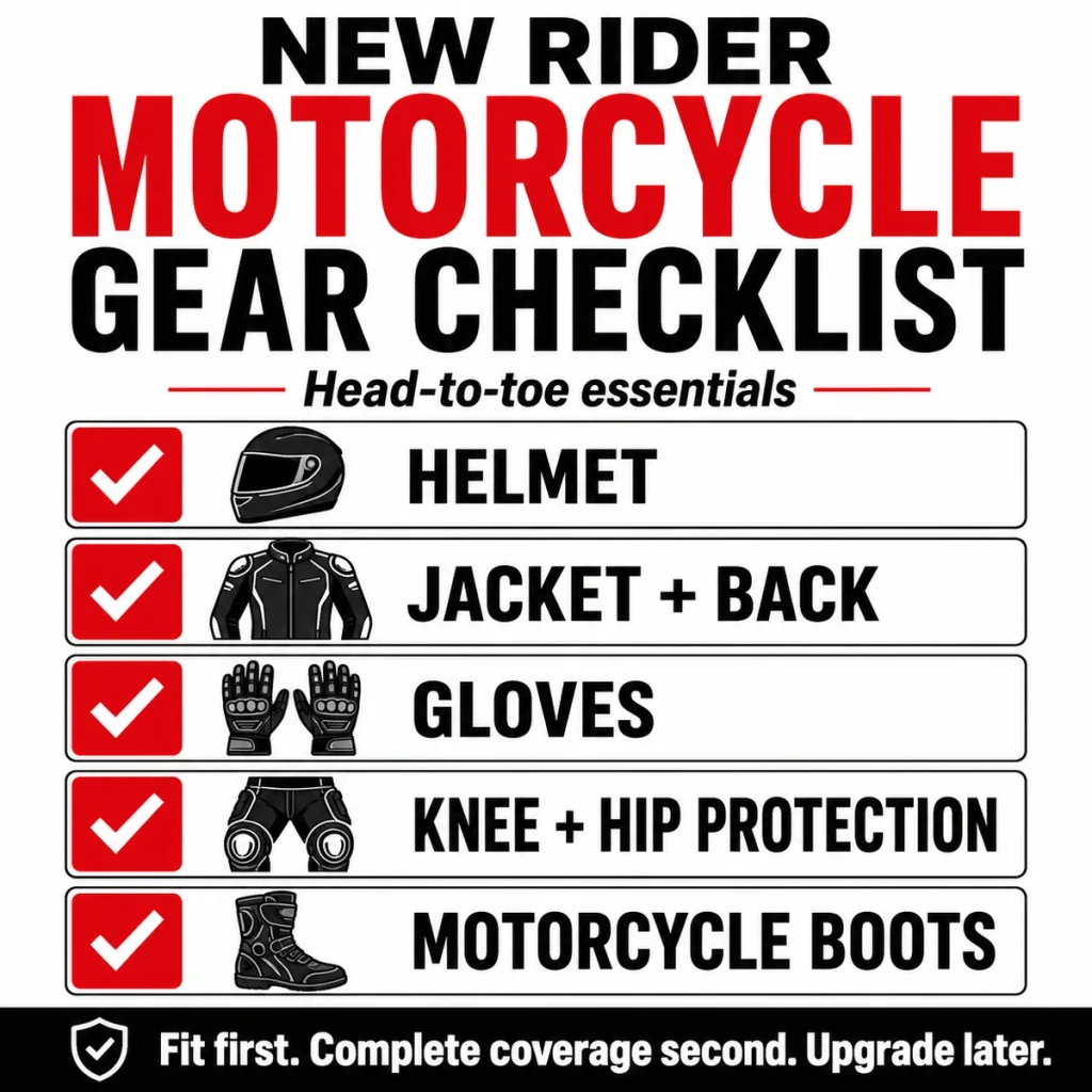 New rider motorcycle safety gear checklist for helmet, jacket, gloves, trousers and boots
