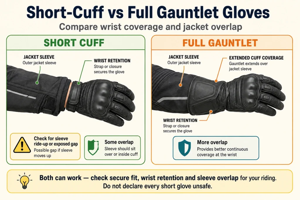 Diagram comparing wrist coverage of short-cuff and gauntlet motorcycle gloves