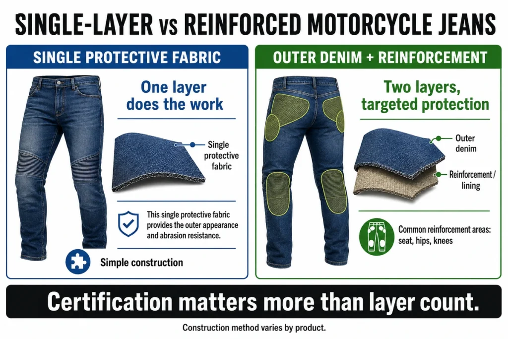 Diagram comparing single-layer and reinforced motorcycle riding jeans