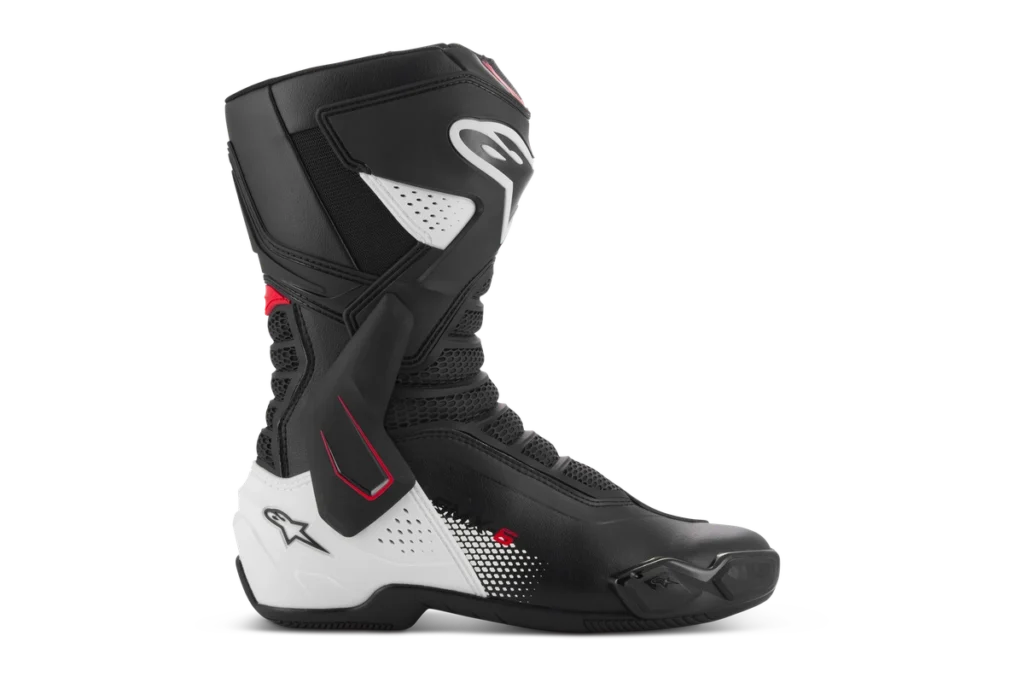 Alpinestars SMX-6 V3 sport motorcycle boots in black white and red with TPU ankle brace and toe sliders