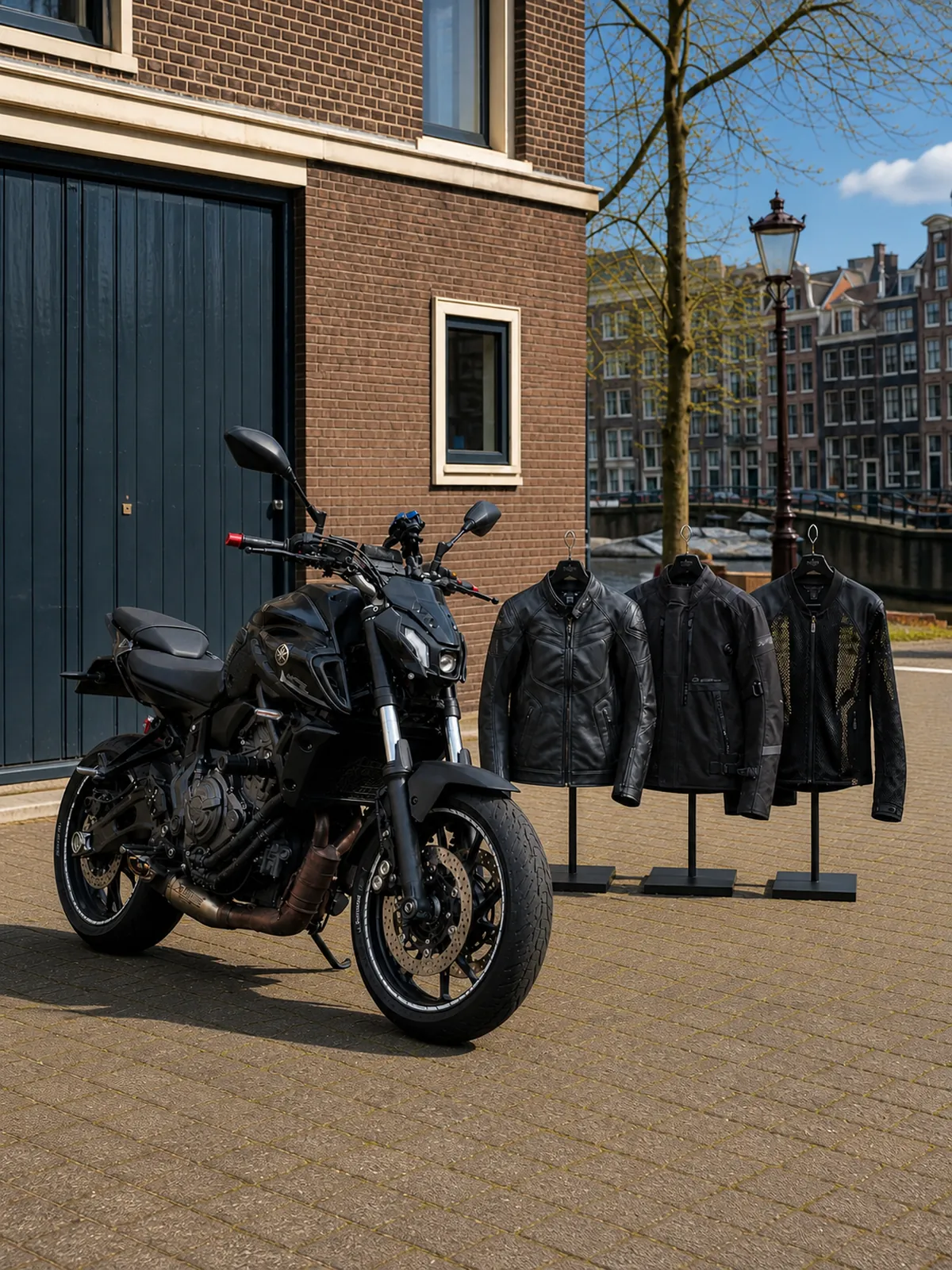 Leather, textile and ventilated motorcycle jackets arranged beside a black Yamaha MT-07 on a sunny day in front of an Amsterdam doorway