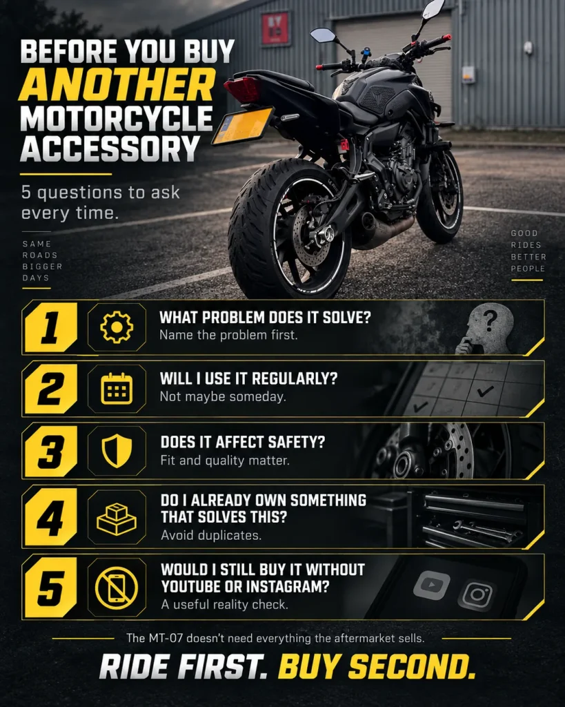 Motorcycle accessory buying checklist with five questions about usefulness, regular use, safety, duplicate solutions and impulse purchases.