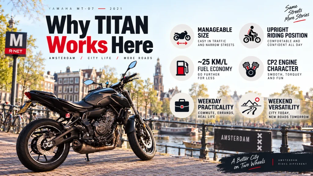 Infographic showing why my 2021 Yamaha MT-07 TITAN works well in Amsterdam, including manageable size, upright riding position, fuel economy, CP2 engine character and weekday-to-weekend versatility.